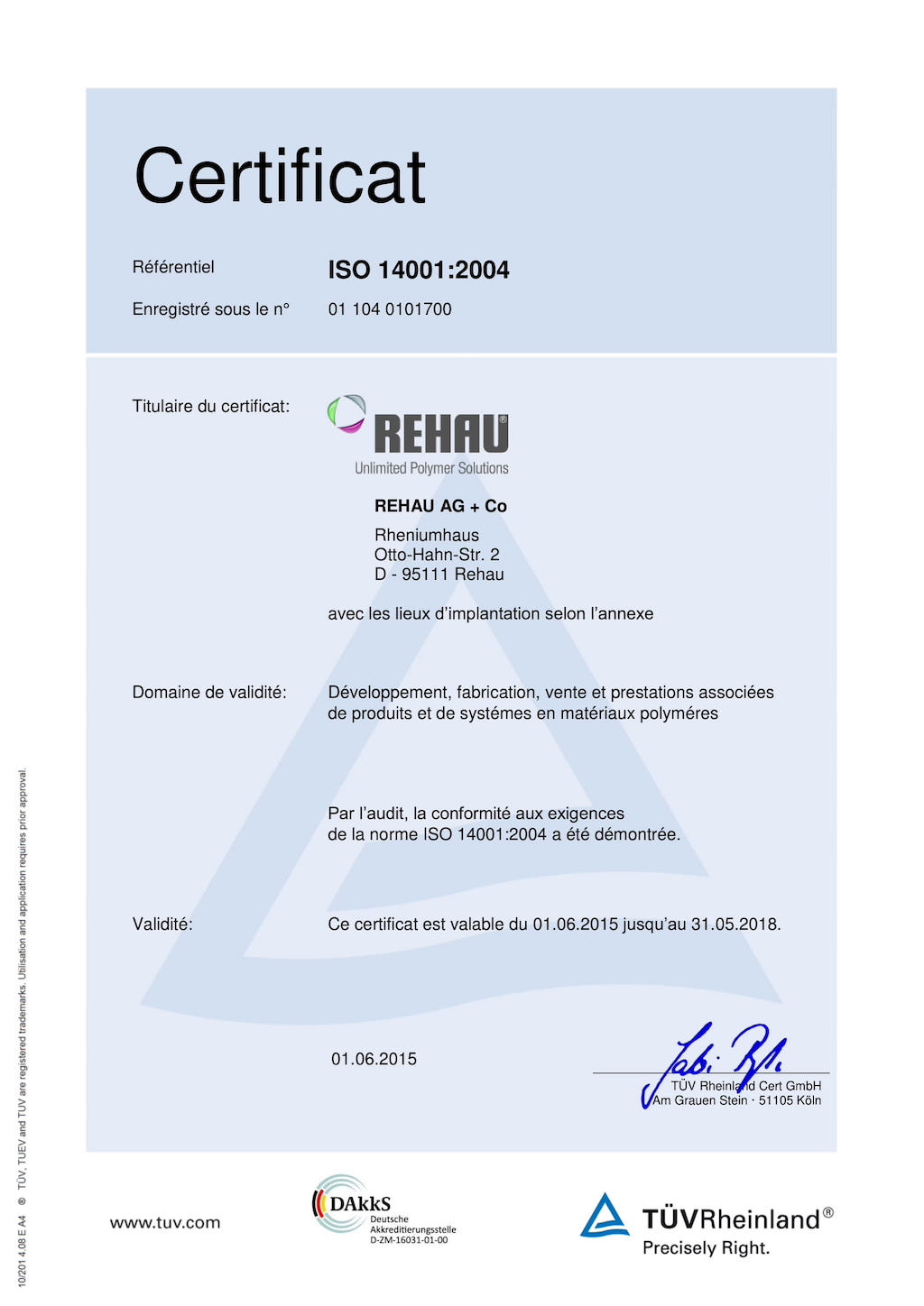 certificat REHAU